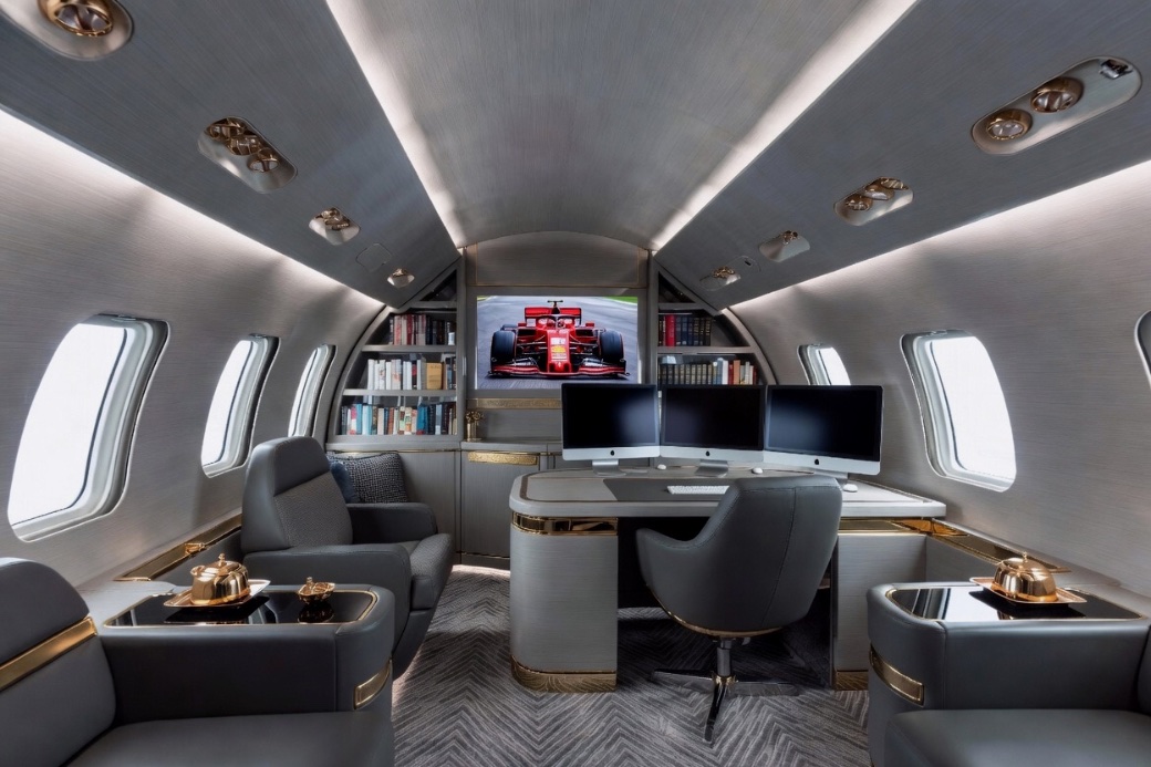 VVIP private jet office cabin with bespoke desk and gold detailing — Private Jet Consultants acquisition advisory